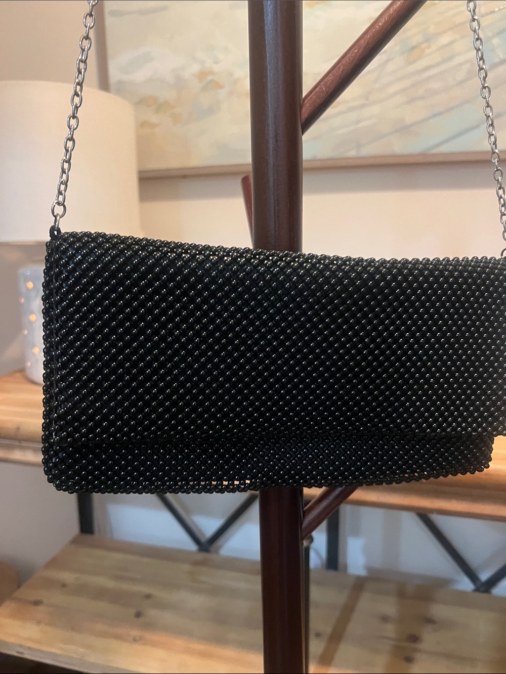 Black Beaded Formal Evening Dance Black Tie Event Clutch with Silver Chain